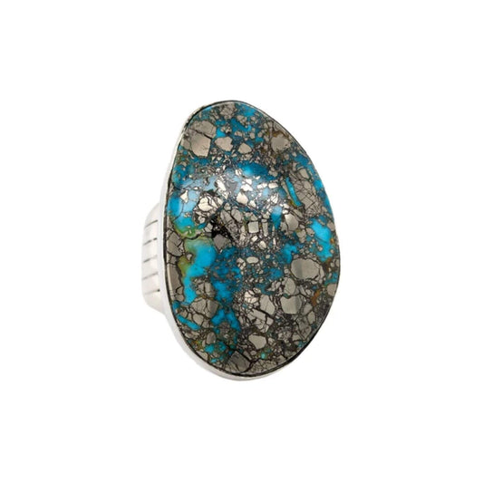 American turquoise ring in a sterling silver bezel setting. Features an irregular oval cabochon with vibrant Southwestern colors.