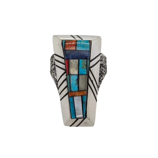Geometric statement ring featuring turquoise, spiny oyster shell, lapis lazuli, and additional gemstones in a vibrant and eye-catching design.