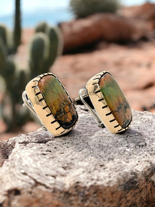 Prescott | 14k gold, Turquoise Button, Cowboy Aesthetic, Statement, Cowboy Earrings, Western, Green Turquoise, Omega Back