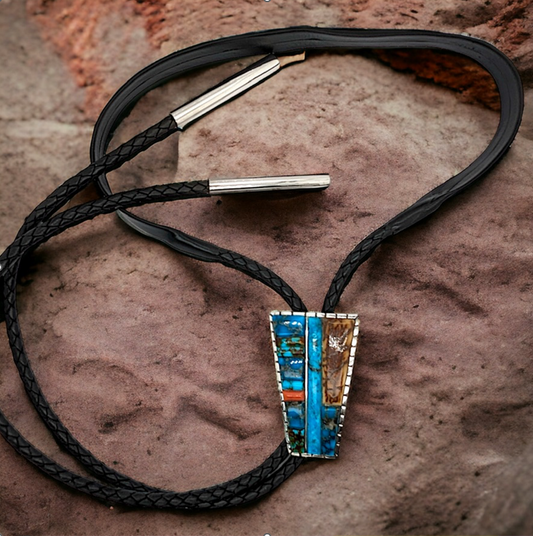 Cactus Flats: Rob Sherman Handcrafted Bolo Tie with Kingman Turquoise, Coral, & Mammoth Bark