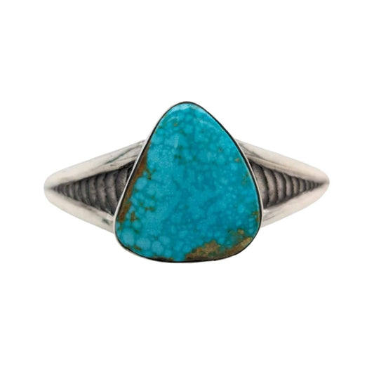 Kingman turquoise cuff bracelet with a cuttlebone-inspired textured surface and a bohemian style.