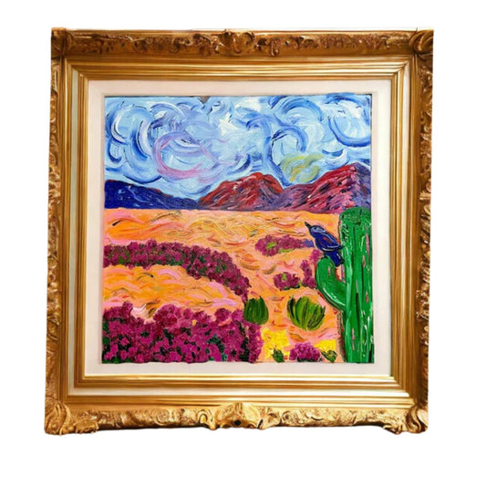 Vibrant landscape oil painting in a gold frame. Features blue sky, mountains, blooming purple flowers, and lush colors.