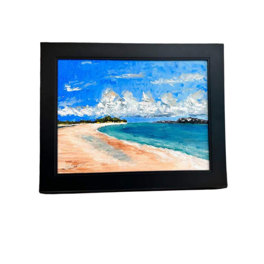 Framed oil painting titled "Seaside Serenity" depicting a beach view with blue ocean hues, sandy beach, evoking joy and summer vibes.