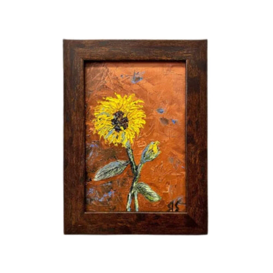 Original sunflower oil painting, titled "Sunflower Symphony," in vibrant yellow and earthy tones with a 5x7'' size.