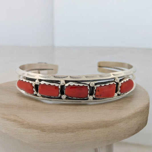 West Frio | Navajo Sterling Silver Coral Cuff Bracelet with Hand-Stamped Design