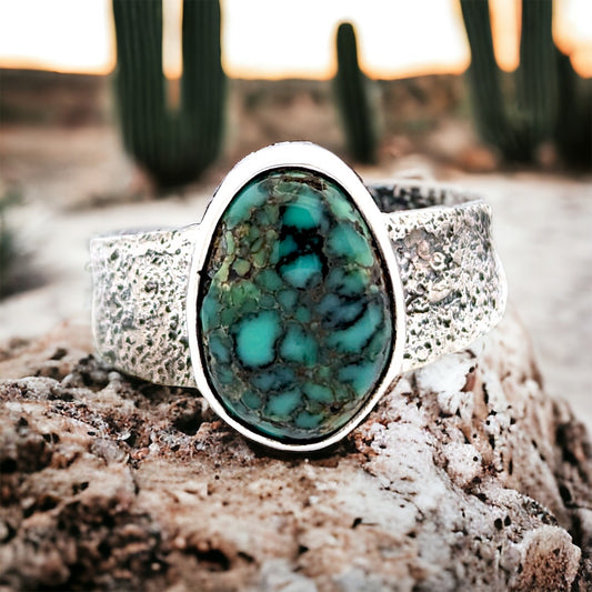 Red Rock Ridge | Sterling Silver Tufa Cast Ring with Green Variscite - Size 11