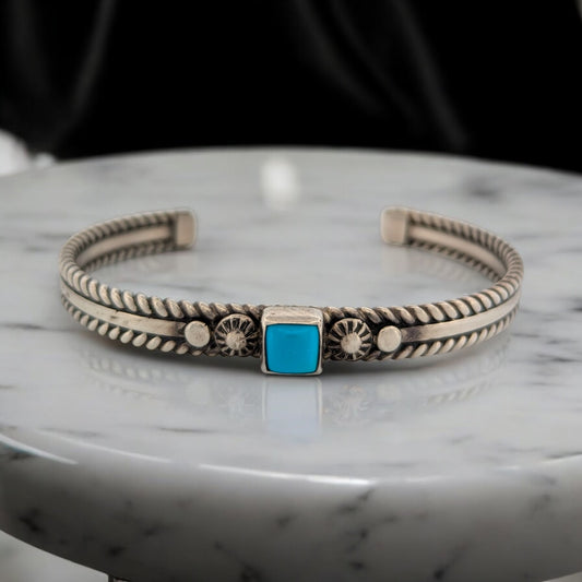 Canyon Cascade | Vintage Sterling Silver Cuff Bracelet with Rope Pattern and Turquoise Cabochon