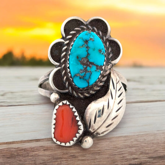 Oklahoma Flats | Native American Handmade Sterling Silver Ring with Turquoise and Coral