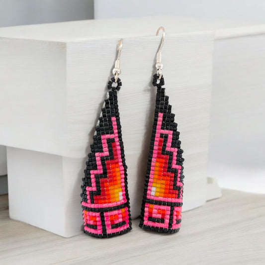 Houston | Native American Handmade Beaded Dangle Earrings with Vibrant Pink, Black, and Red Beads