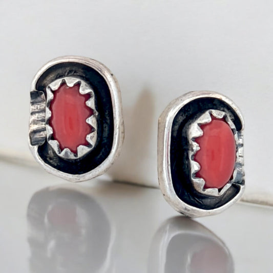 Bandera Falls | New Native American Handmade Sterling Silver Earrings with Coral Center Cabochons