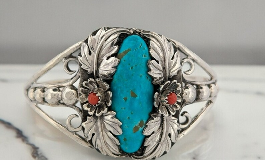 Ruby City | Sterling Silver Cuff bracelet Coral accents Kingman turquoise Cuff