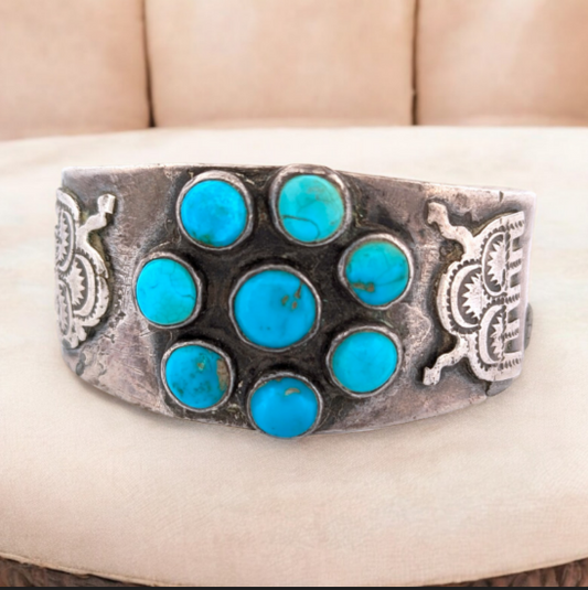 Nugget Downs | Vintage Sterling Silver Cuff Bracelet with Cluster of Turquoise Cabochons