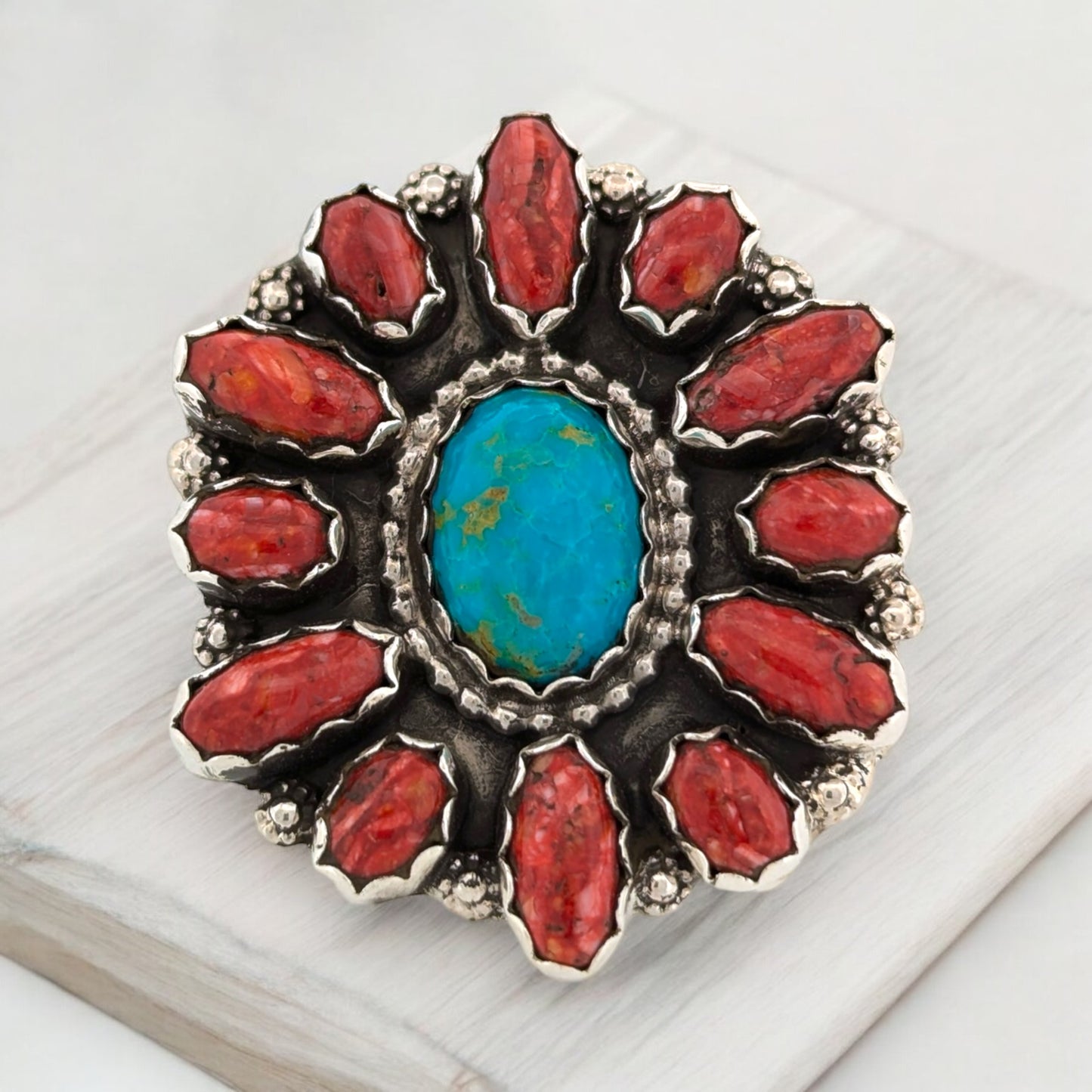 Panther Crossing | Navajo Sterling Silver Turquoise Ring with Red Spiny Oyster Shell