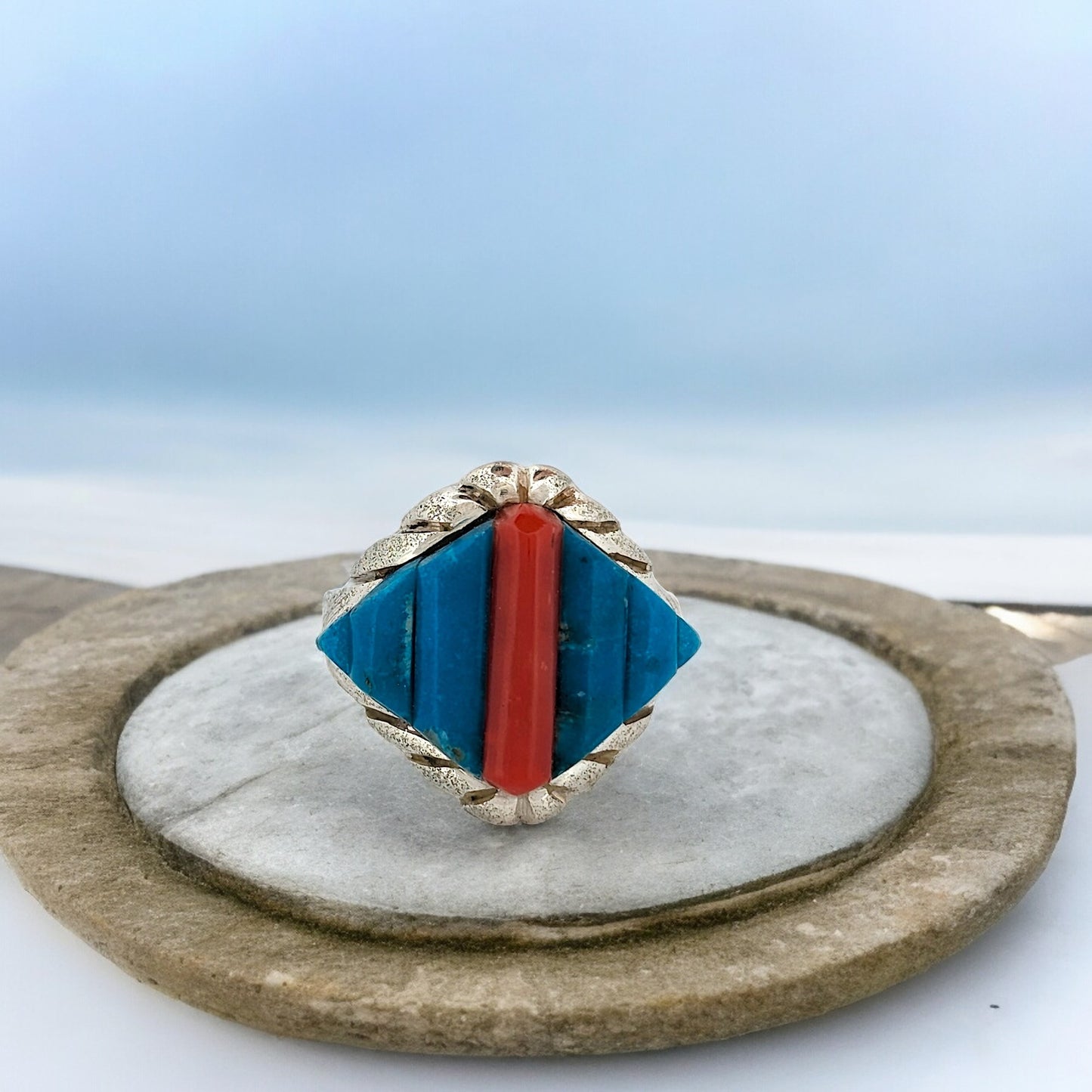 Tombstone's Treasure | Robert Drozd's Sterling Silver Ring with Kingman Turquoise & Coral - Size 8.5