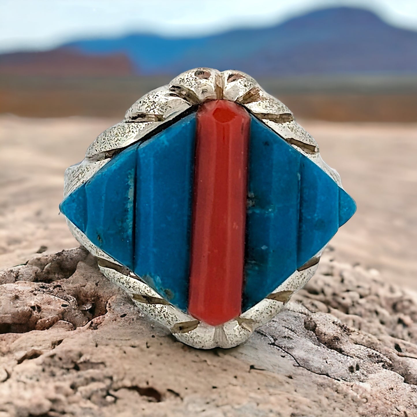 Tombstone's Treasure | Robert Drozd's Sterling Silver Ring with Kingman Turquoise & Coral - Size 8.5