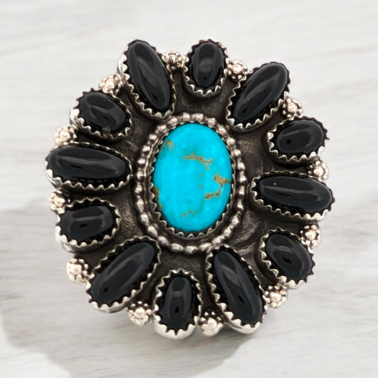 Bee Cave | Handcrafted Native American Sterling Silver Ring with Turquoise and Onyx