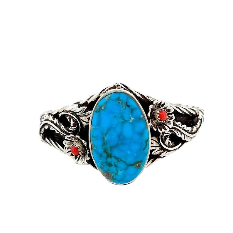 Dry Gulch | Sterling Silver Cuff Bracelet by Robert Drozd-Blue American Turquoise, and Coral