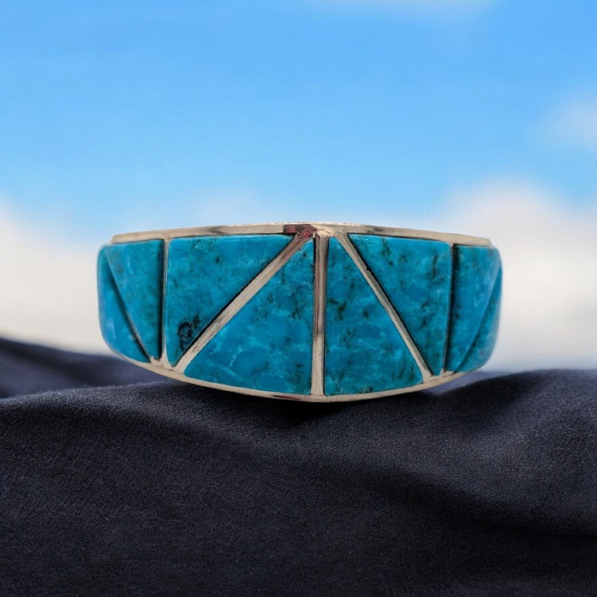 Hunter's Gulch | Sterling Silver and Turquoise Inlay Southwestern Handmade Cuff Bracelet by Rob Sherman