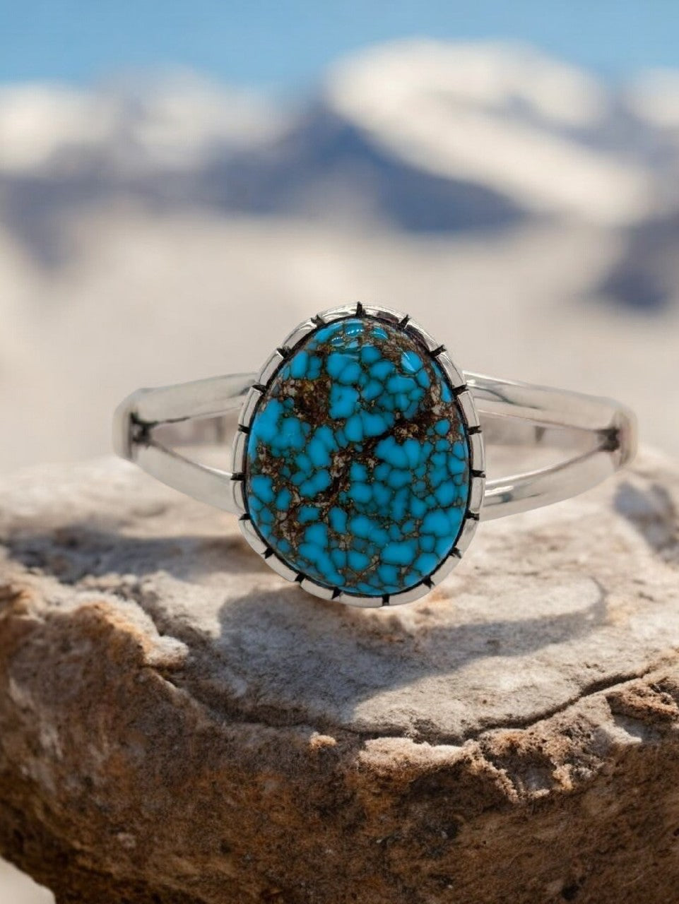 Pinto Creek | New Hand Fabricated Cuff Bracelet with Split Arms and Castellated Sterling Bezel, Kingman Turquoise