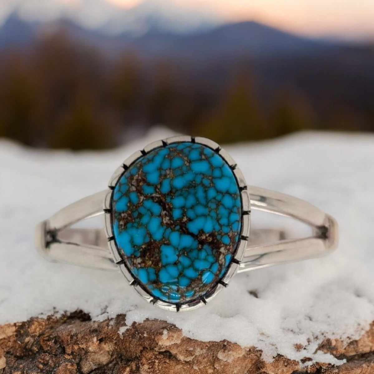 Pinto Creek | New Hand Fabricated Cuff Bracelet with Split Arms and Castellated Sterling Bezel, Kingman Turquoise