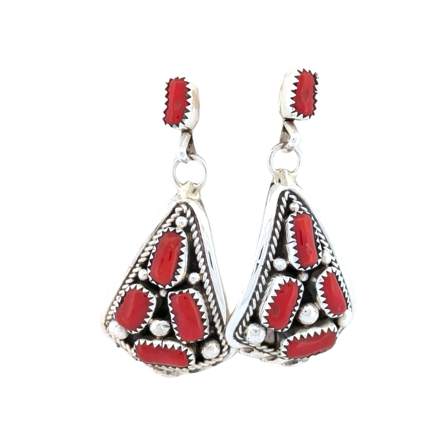 Camp Lucy | New Handmade Sterling Silver and Coral Earrings with Ten Coral Cabochons