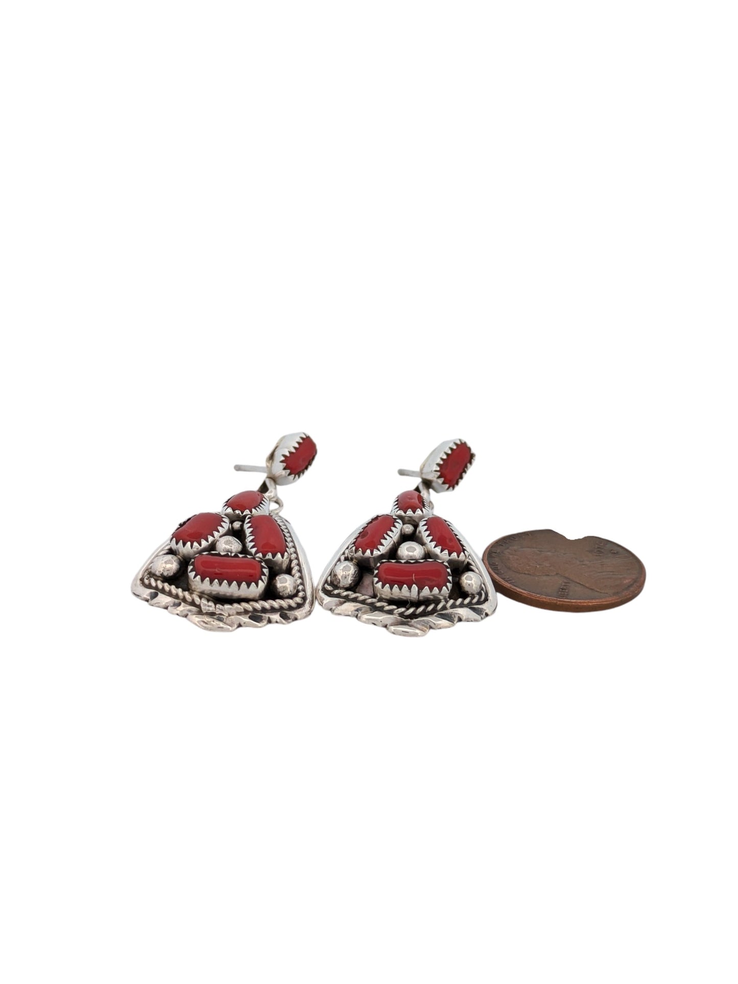 Camp Lucy | New Handmade Sterling Silver and Coral Earrings with Ten Coral Cabochons