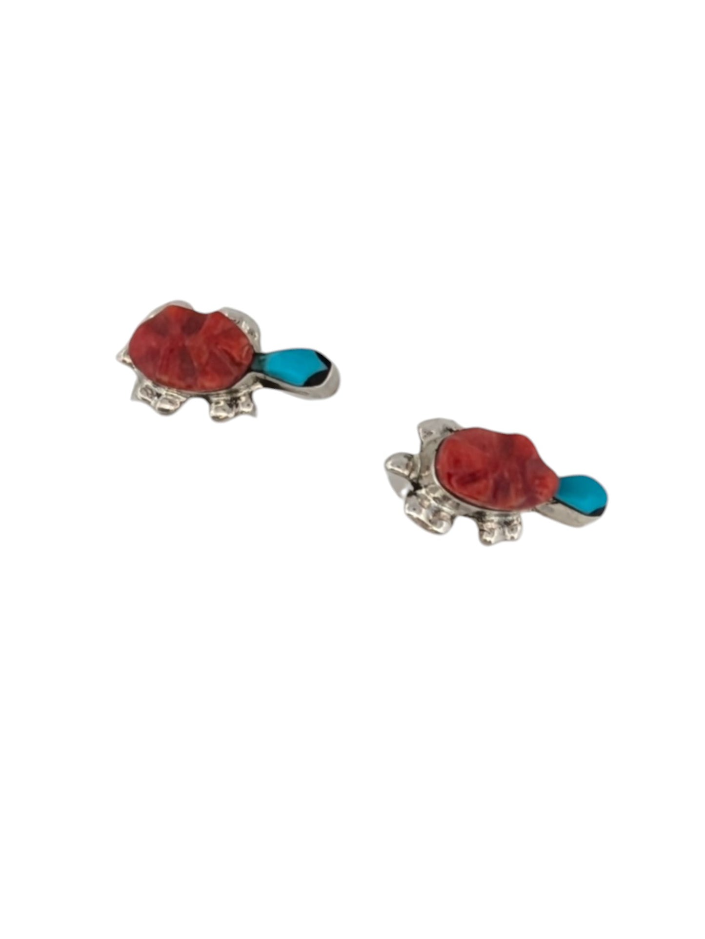 Dakota Falls | Handmade Zuni Sterling Silver Turquoise and Coral Turtle Earrings