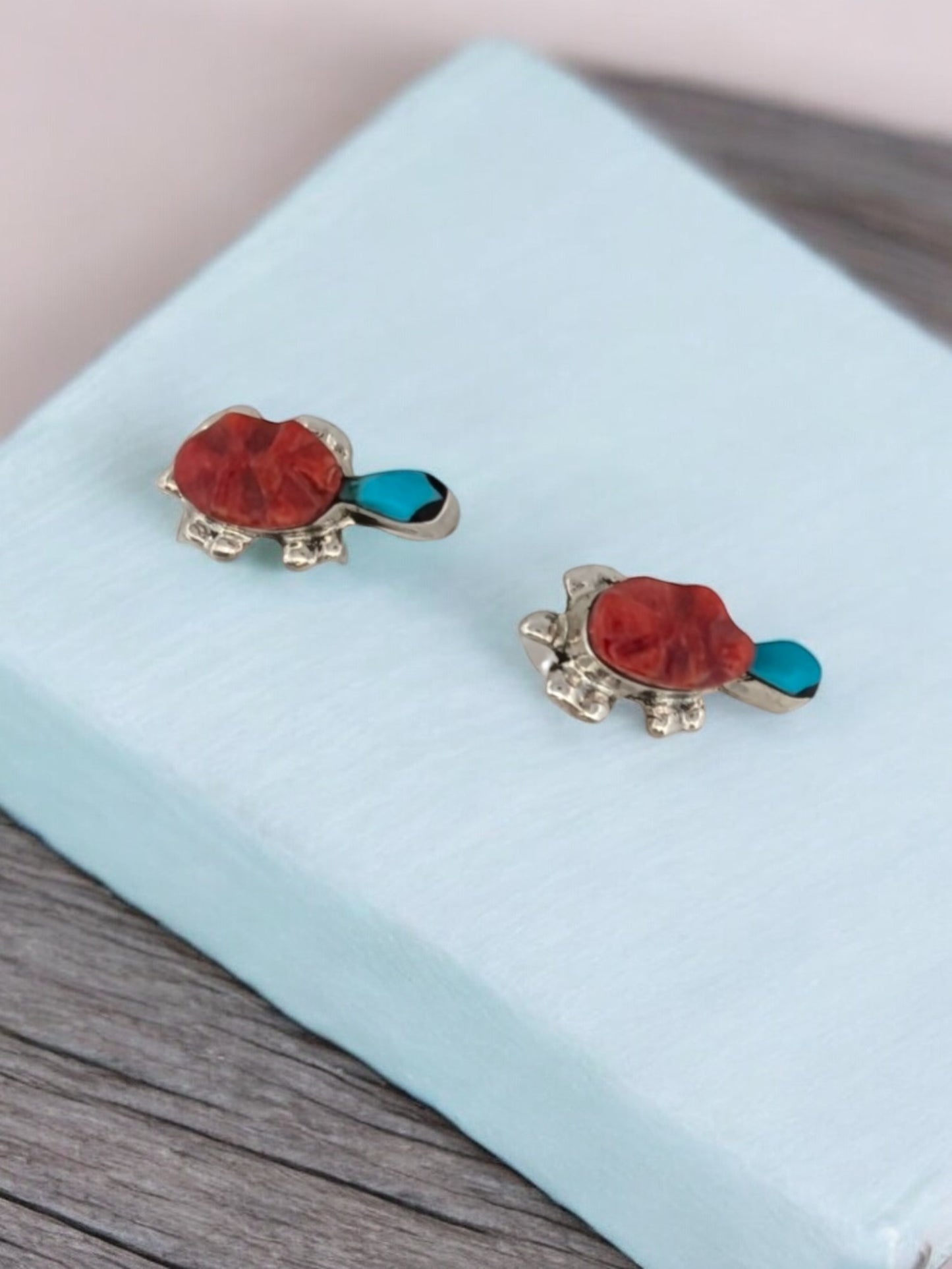 Dakota Falls | Handmade Zuni Sterling Silver Turquoise and Coral Turtle Earrings