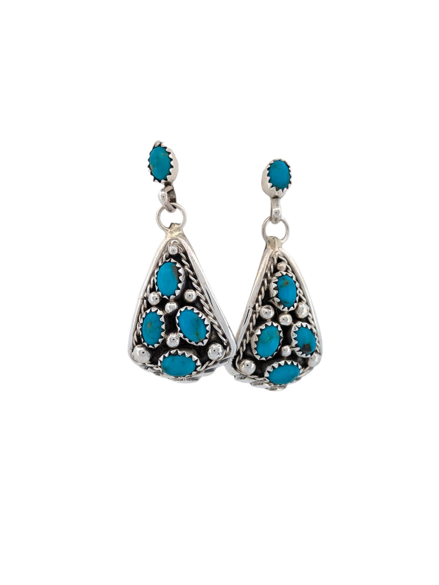 Cowgirl Run | Native American Handmade Sterling Silver Earrings with Ten Turquoise Cabochons by Navajo Artist Melvin Chee