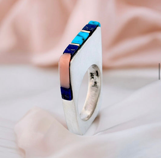 Elk Run | Handmade Sterling Silver and 14k Turquoise, Coral, Lapis Inlay Ring - Size 7