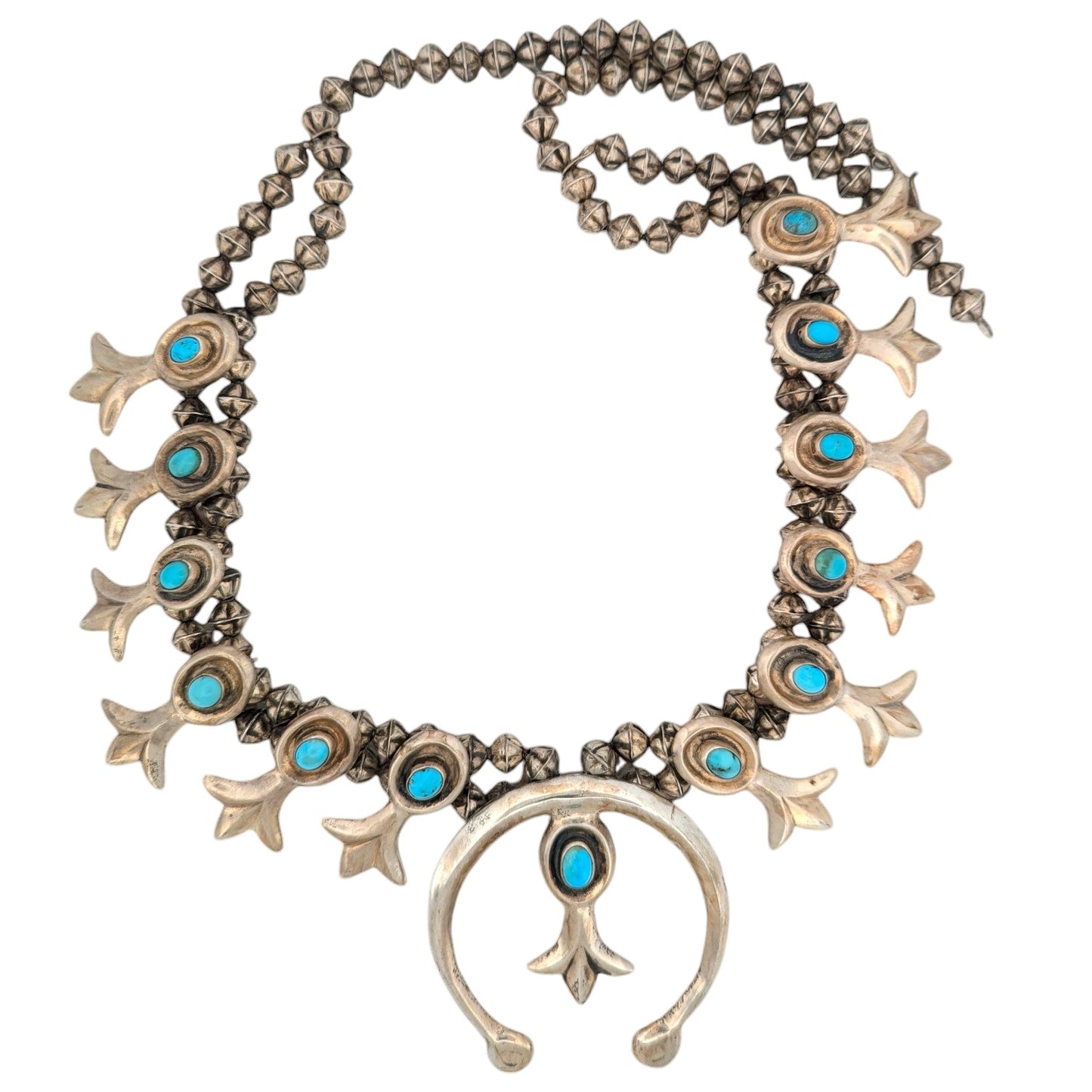 Deadly Wash | Vintage Sterling Silver Squash Blossom Necklace with Turquoise Stones