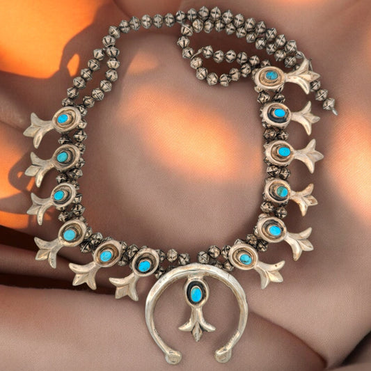 Deadly Wash | Vintage Sterling Silver Squash Blossom Necklace with Turquoise Stones