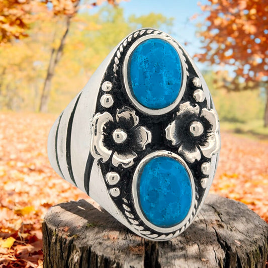 Desert Fox | Sterling Silver Turquoise Ring with Twisted Wire & Bead Flower Motif (Size 11)