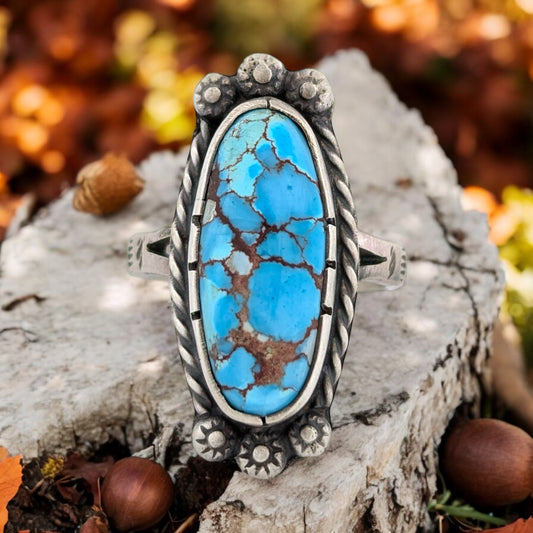 Sunset Sam | New Sterling Silver Hand Fabricated Turquoise Single Stone Ring - Size 8.5