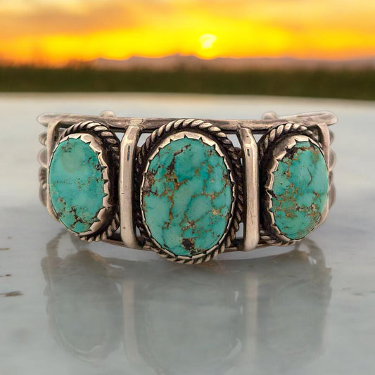 Palomino Way | Vintage Handmade Sterling Silver Cuff Bracelet with Green Turquoise Cabochons