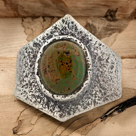 Moonshine McCoy | Handmade Sterling Silver Tufa Cast Ring with Kingman Turquoise Size 11.5