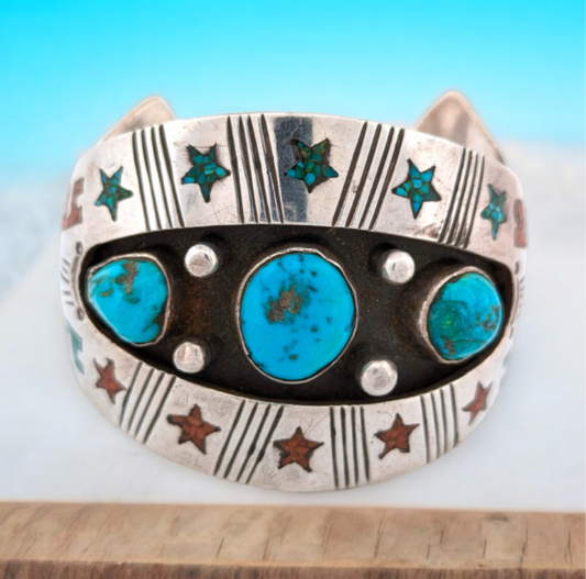 Skull Valley | Vintage Signed Handmade Overlay Cuff with Turquoise Cabochons and Stone Chip Inlay, Heavy and Well Made