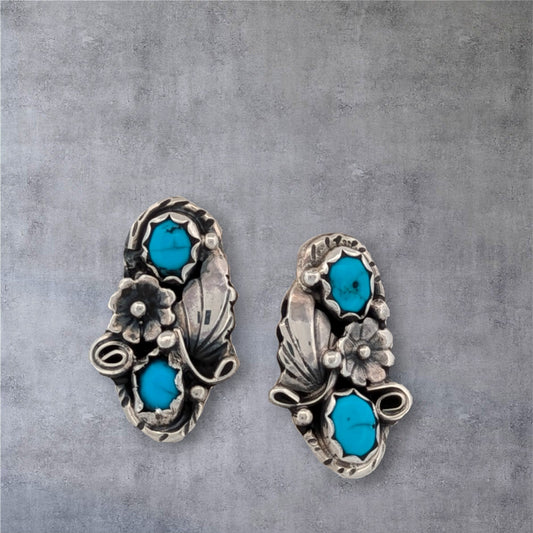 California Condor | handmade turquoise earrings with flower and leaf motif by Navajo artist David Morris