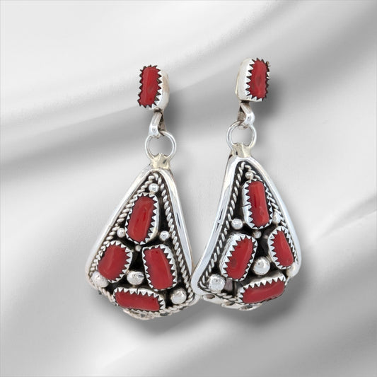 Camp Lucy | New Handmade Sterling Silver and Coral Earrings with Ten Coral Cabochons