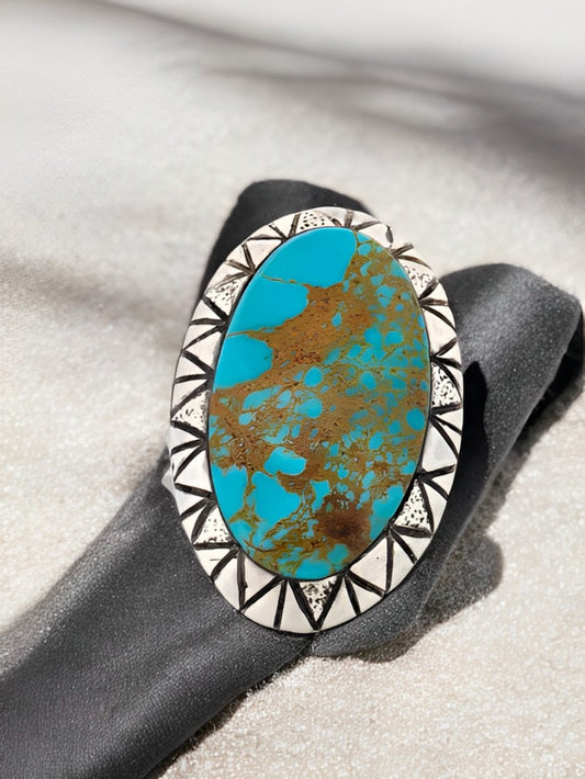 Black Canyon City | Handmade Sterling Silver Ring, With Classic Turquoise Blue And A Gentle Caramel Colored Matrix