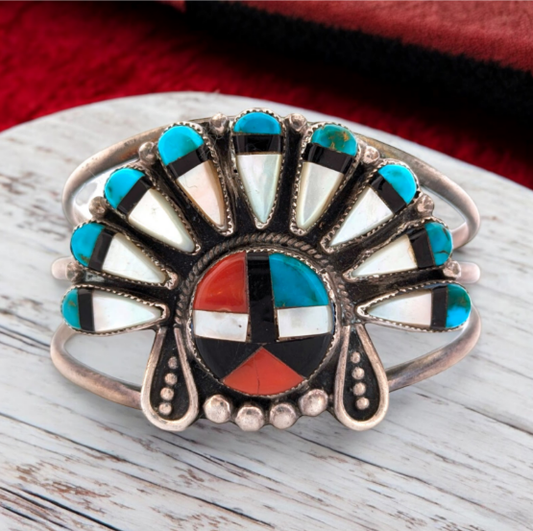 Robber's Getaway | Vintage Zuni Sterling Silver Cuff Bracelet with Turquoise, Coral, Jet