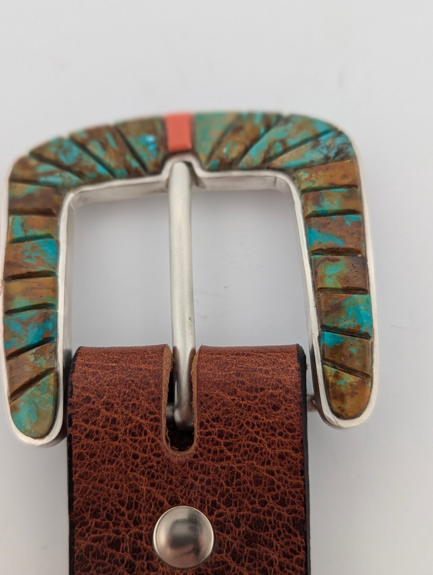 Rocky Dales | Handmade Sterling Silver Ranger Belt Buckle with Turquoise and Coral Inlay – Fits 1.5" Belt