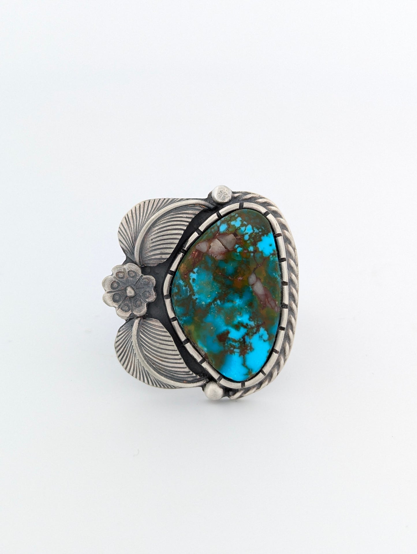 Santa Fe | Hand Fabricated Sterling Silver Ring with Kingman Turquoise Polychrome Cabochon, Satin Finish, Size 10