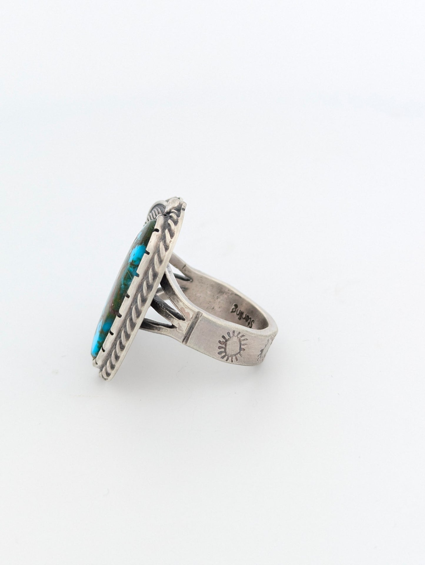 Santa Fe | Hand Fabricated Sterling Silver Ring with Kingman Turquoise Polychrome Cabochon, Satin Finish, Size 10