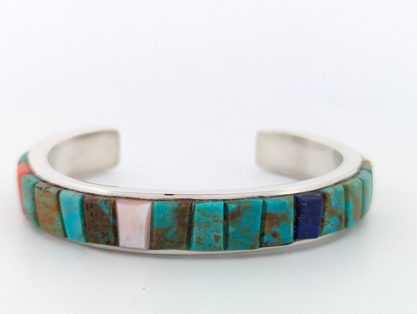 Turquoise Canyon | Hand Fabricated Cuff Bracelet with Turquoise, Red Coral, Angel Skin Coral, and Lapis Inlay