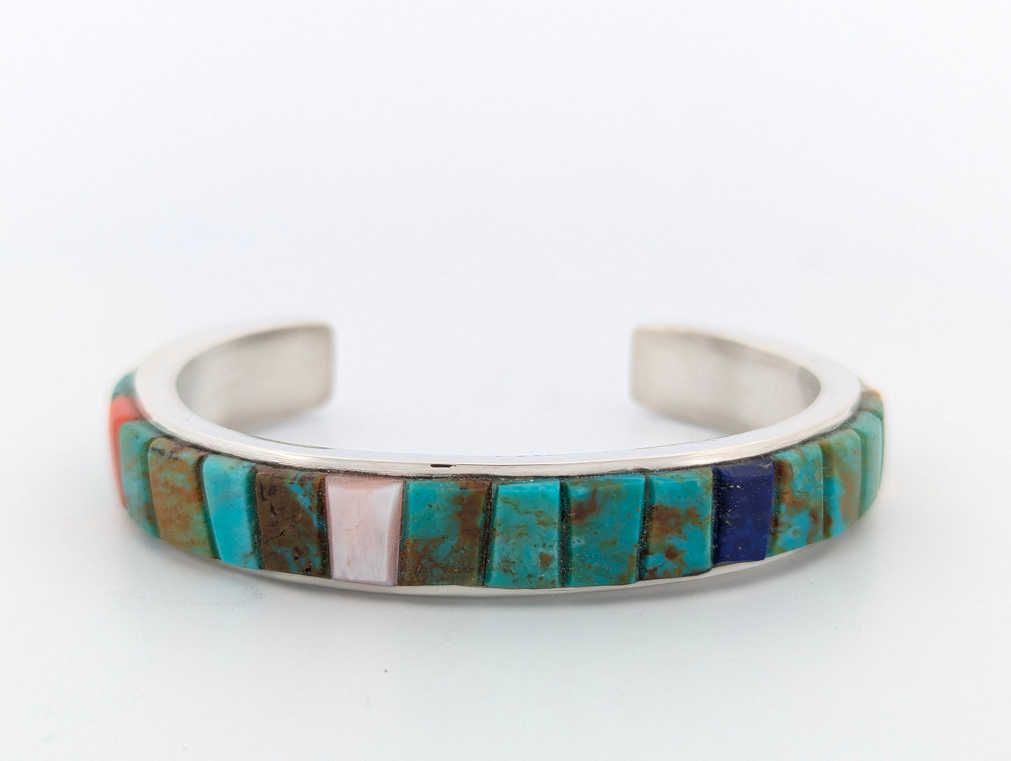 Turquoise Canyon | Hand Fabricated Cuff Bracelet with Turquoise, Red Coral, Angel Skin Coral, and Lapis Inlay