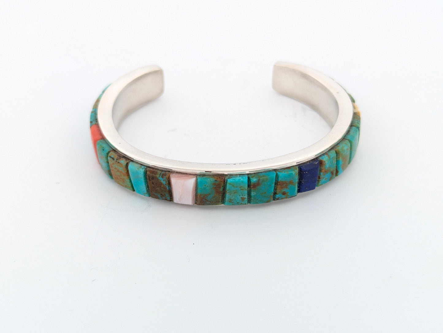 Turquoise Canyon | Hand Fabricated Cuff Bracelet with Turquoise, Red Coral, Angel Skin Coral, and Lapis Inlay