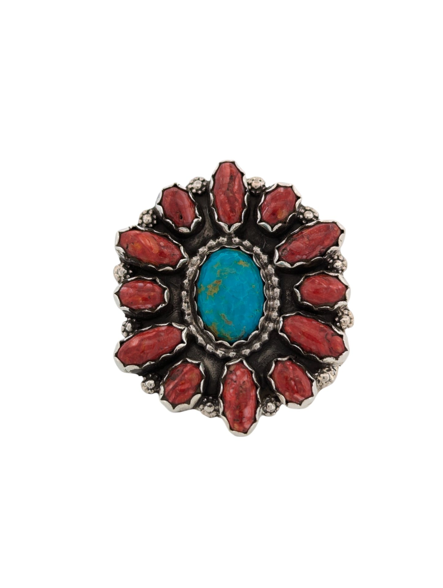 Panther Crossing | Navajo Sterling Silver Turquoise Ring with Red Spiny Oyster Shell