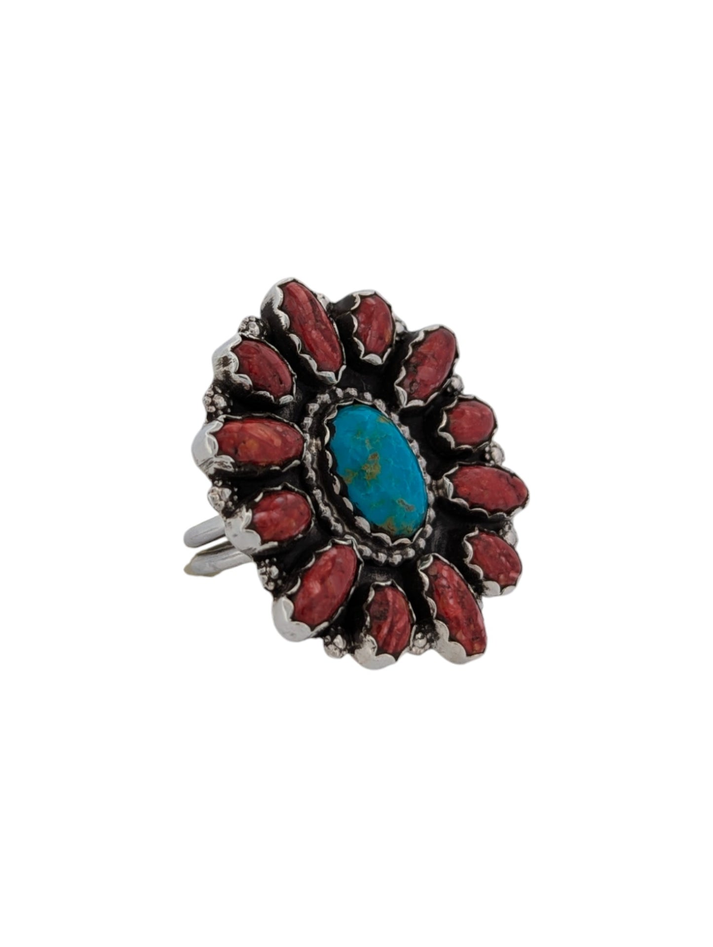 Panther Crossing | Navajo Sterling Silver Turquoise Ring with Red Spiny Oyster Shell