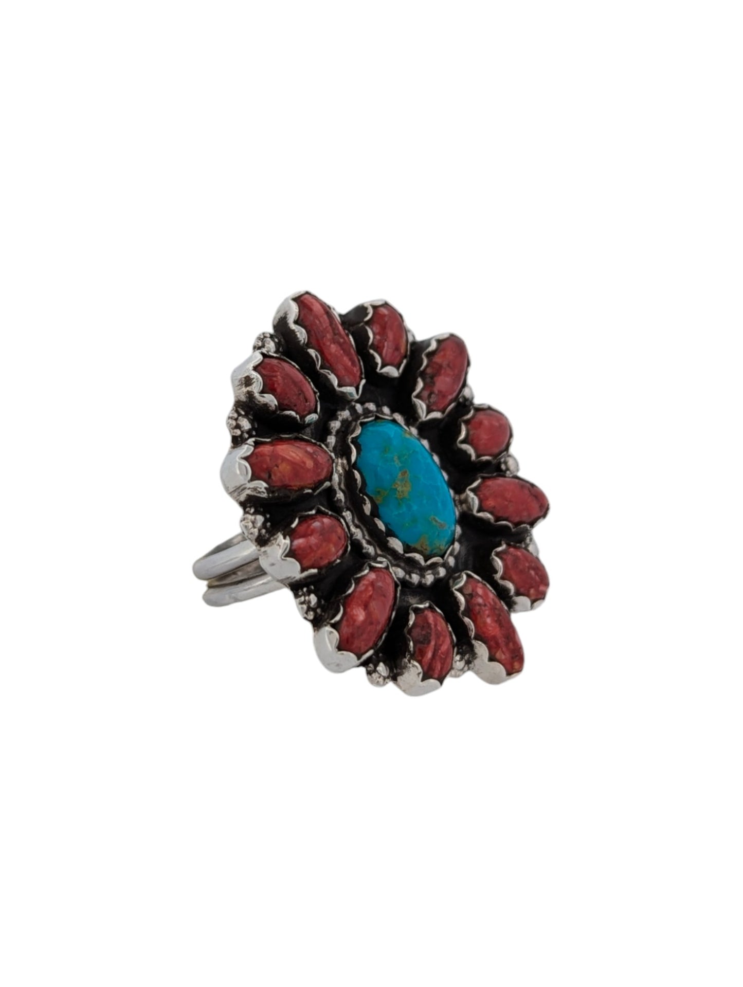 Panther Crossing | Navajo Sterling Silver Turquoise Ring with Red Spiny Oyster Shell